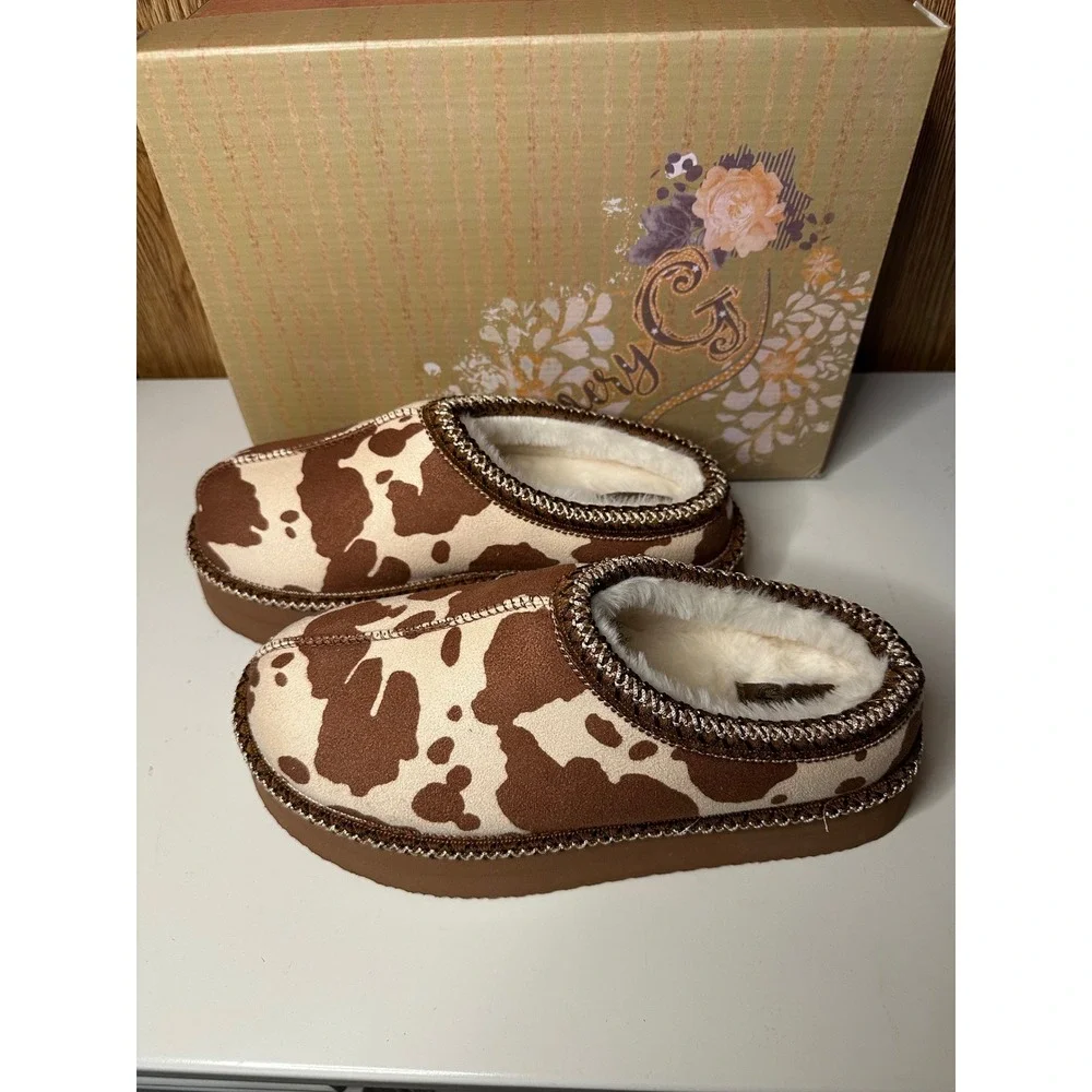 Very G Christy Cow Print Platform Slippers Cream Tan Women's 8 - Picture 4 of 6